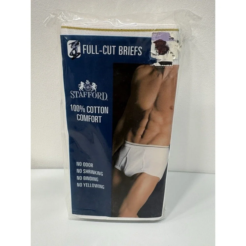 Vtg Stafford Essentials Briefs 38 Full Cut 3-Pack White Cotton Underwear